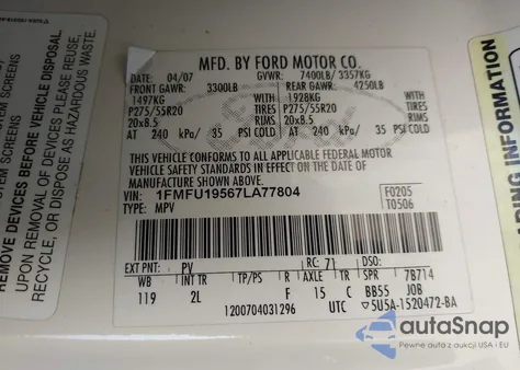 2007 Ford Expedition Limited from USA, damaged, VIN 1FMFU19567LA77804